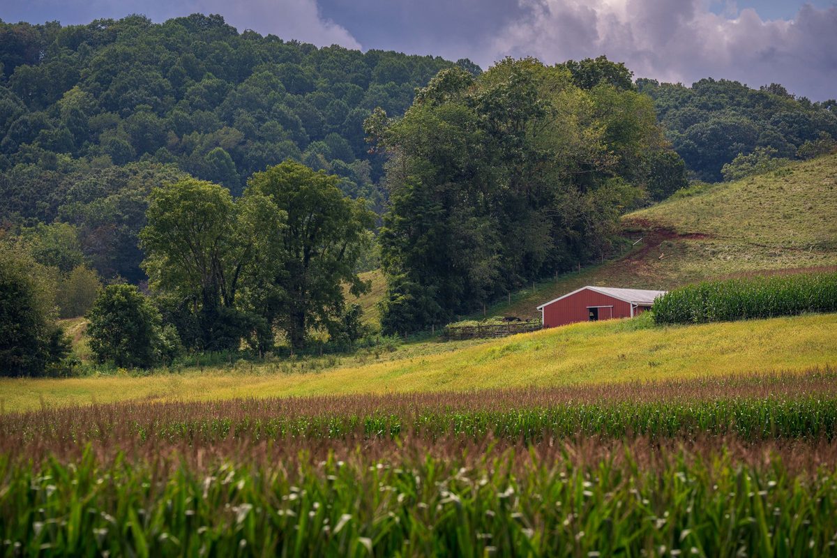 Small red barn between a cornfield and wooded hills